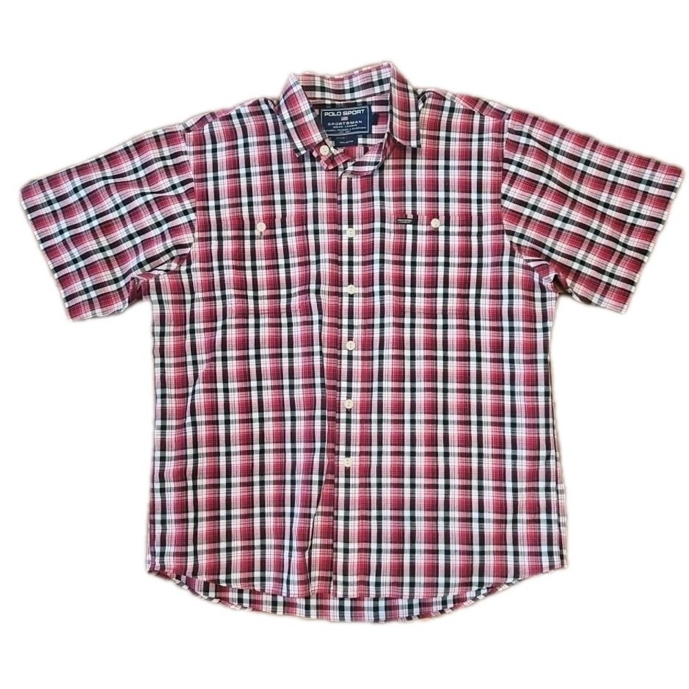 Vintage POLO SPORT Ralph Lauren Sportsman Red Short Sleeve Plaid Button Up Large